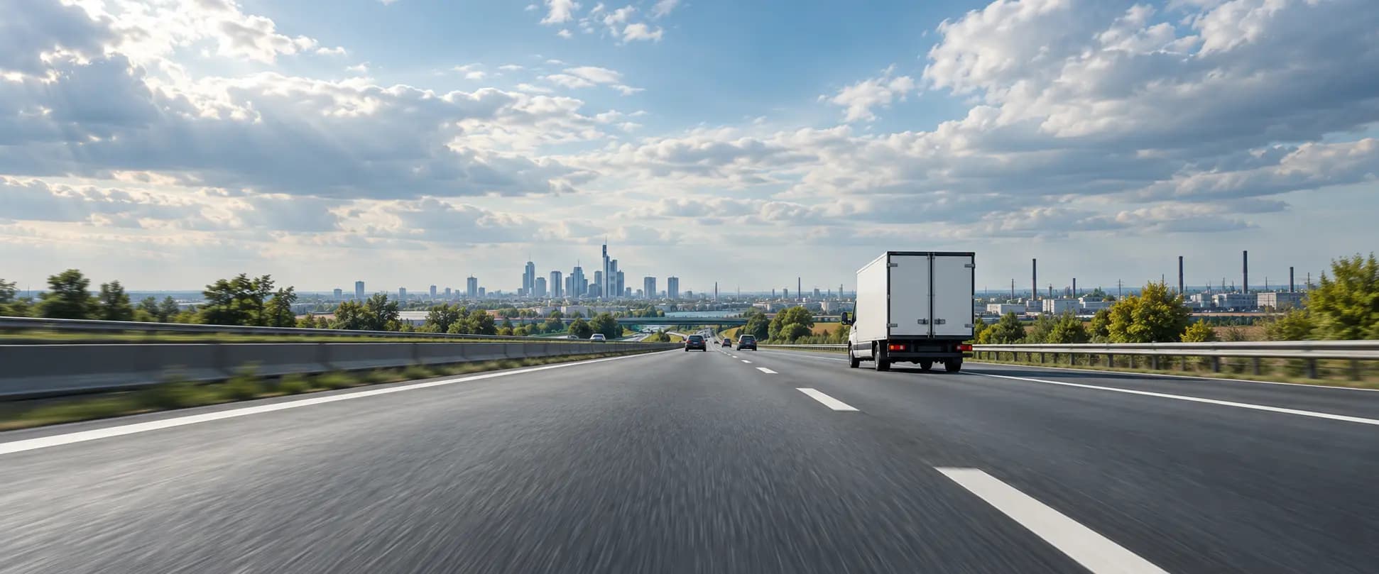Fahrzeugvisualisierung: weißes Kofferfahrzeug auf einer deutschen Autobahn