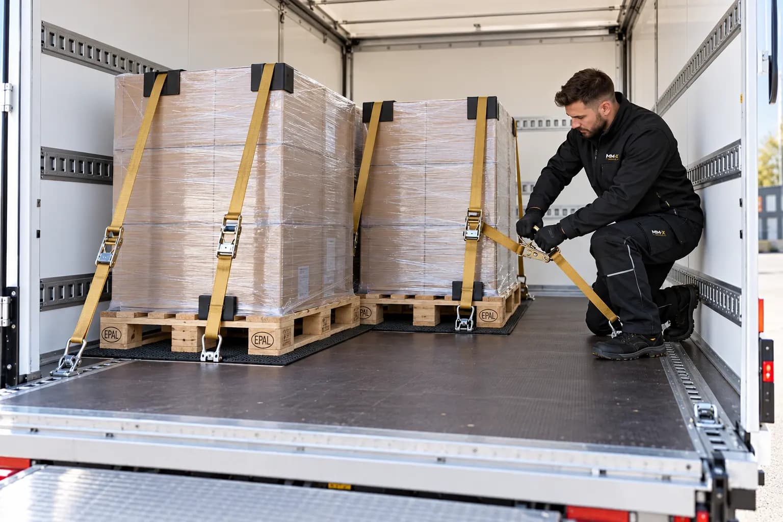 Symbolbild: Mitarbeiter sichert palettierte Ladung im Kofferfahrzeug